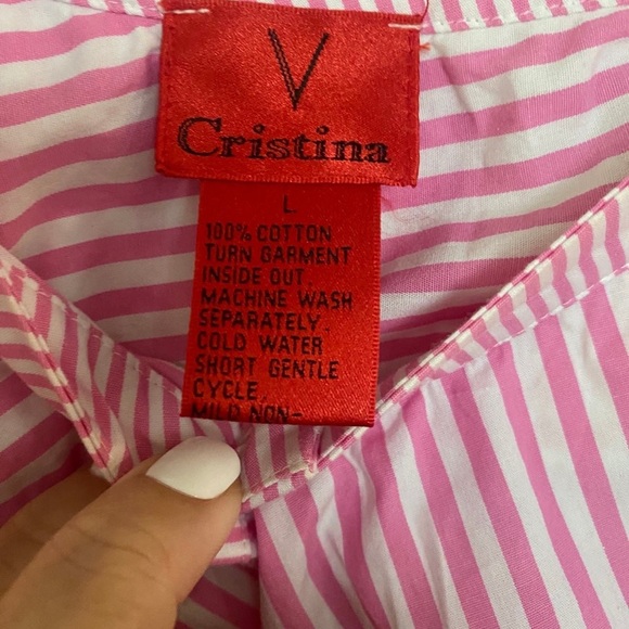 V Cristina White/Pink  Pinstripe Cold Shoulder Asymmetric Button Down Shirt L - Picture 3 of 9